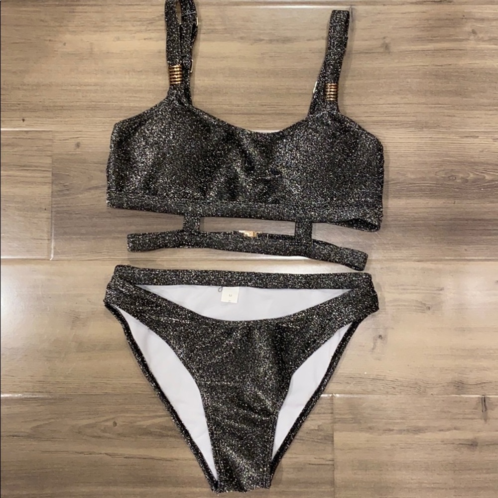 Silver/black glitter like fabric bikini